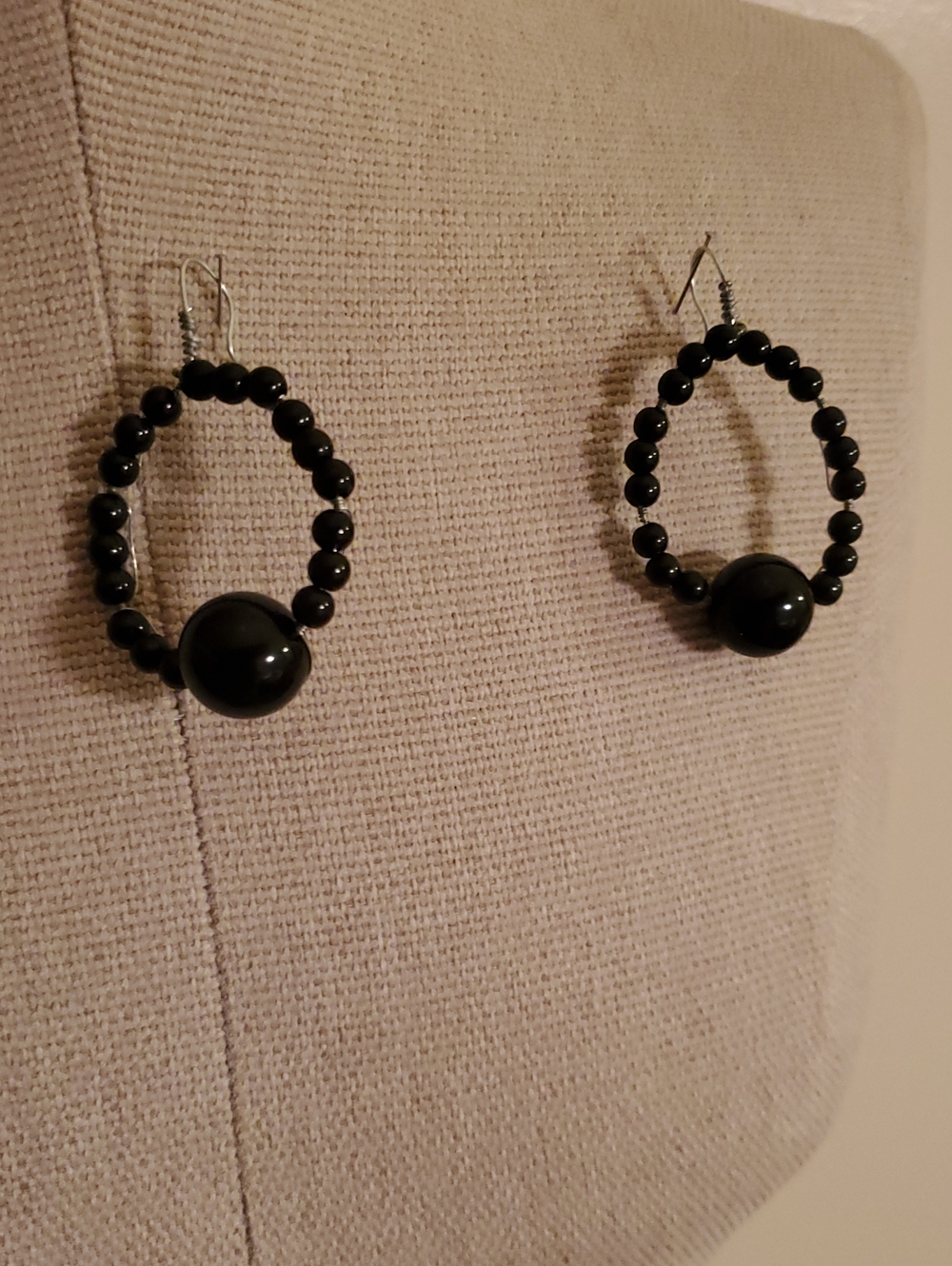 Handcrafted Black Beaded Hoop Drop Earrings - Women Jewelry